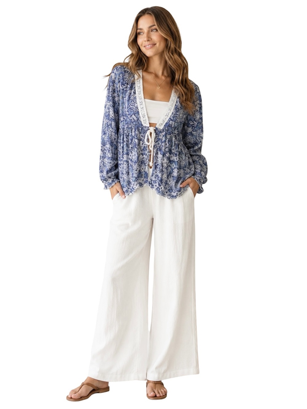 Free People Anissa Bed Jacket Size Medium Blue Combo Eyelet Lace Bohemian - Picture 8 of 8